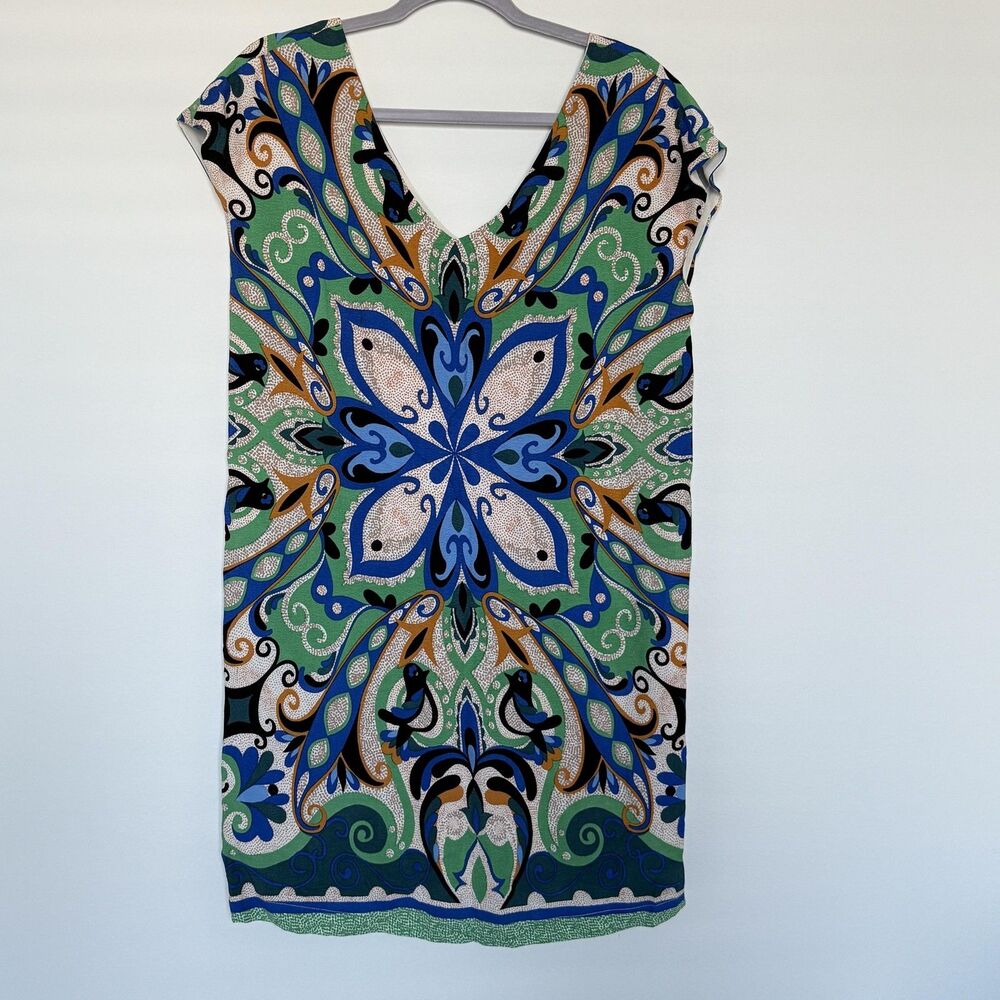 Maeve Anthropologie Dress Womens Small Green Blue V Neck Shift Lined Boho Print